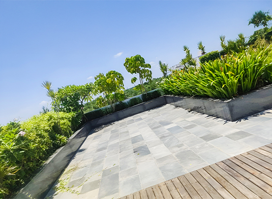 Modern home garden design with hardscaping